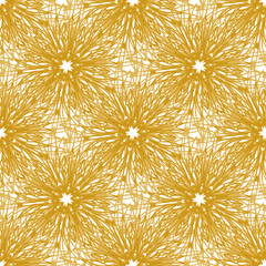 Gold vector seamless pattern with bright firework flowers. Seamless texture for web, print, wallpaper, wrapping, home decor, fashion print, wedding invitation background, textile design