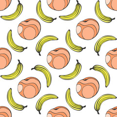 Doodle seamless pattern with fruits. Banana and pear vector background.