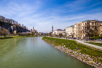 Salzach riverside and city Salzburg-Austria,Europe