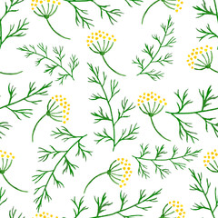Stylized watercolor seamless pattern  sprigs of greenery, dill or fennel. Vector flower dill seamless background. Herbs food ingridients