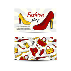 Business card for fashion shop. Women shoes and clothes vector business card