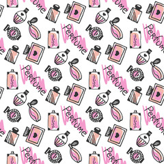 Perfume seamless pattern. Doodle sketch of perfume bottles in pink colors on white background. Vector