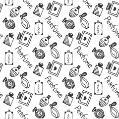 Perfume seamless pattern. Doodle sketch of perfume bottles on white background
