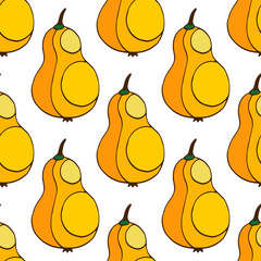 Seamless background with pear in yellow color. Stylish seamless pattern with fruit. For menu, cards, invitations, backgrounds, wallpapers, arts and scrapbooks