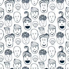 Hand drawn vector seamless pattern with illustration of group of men and women. Crowd of funny peoples background.