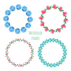 Watercolor wreath set. Floral round frame collection with flowers. Hand painted wedding or greeting card, birthday, book or placard decoration. Vector isolated element
