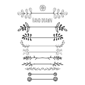 Hand drawn floral elements. Collection hand drawn border with ink doodle decoration. Retro style. Laurels, leaves, arrows, branches