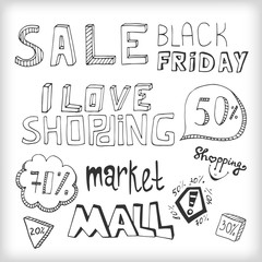 Collection of hand drawn doodles sales sketched tag. Shopping discount set. Vector isolated elements