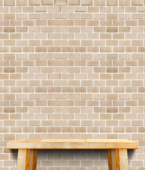 Blank modern wooden table with leg at red brick wall ,Template m