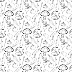 Hand drawn seamless background of  healthy vegetables. Vector illustration in doodle style. Vegetarian food. Black and white  pattern