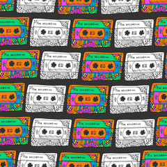 Retro seamless pattern with cassettes. Hipster fun style. Doodle musical background for wrapping, fabric, textile. Hippie colors. Vector design