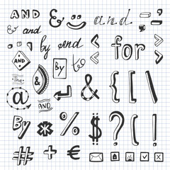 Hand drawn set with social media sign and symbol doodles. Catchwords and, for, to, the, by. Design elements