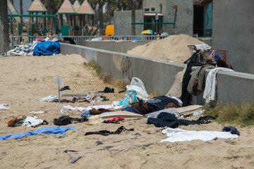 LOS ANGELES, USA - AUGUST 5, 2014 - homeless in venice beach