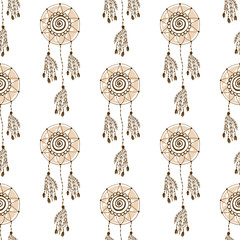 Ethnic background with dream catcher. Vector seamless pattern.