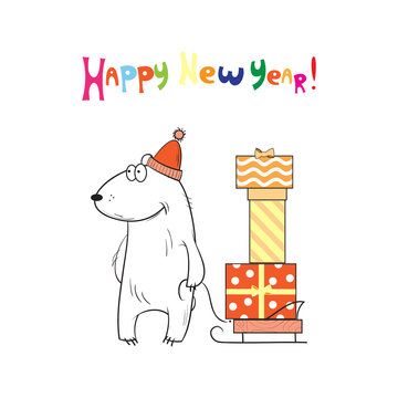 New Year's card with cute cartoon polar bear carrying on a sledge of a box with gifts.