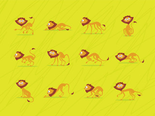 Illustration of cute lion in dozen poses on green background