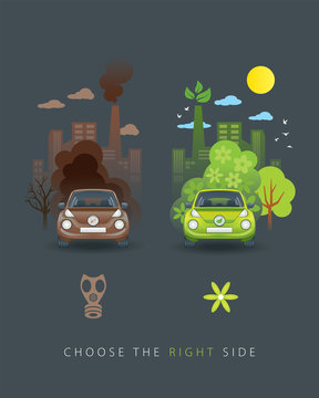 Illustration of comparison between old brown car and new eco car