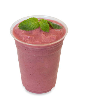 cold fresh berry with banana smoothie in takeaway glass isolated