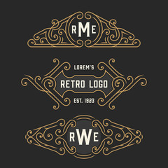 The set of stylish vintage logo and monogram emblem templates. Elegant retro frames ornament logo design. Vector illustration.