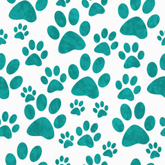 Fototapeta na wymiar Teal and White Dog Paw Prints Tile Pattern Repeat Background
