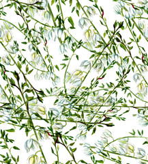 A seamless watercolour pattern of branches with white flowers and green leaves