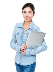 Young woman hold with laptop computer