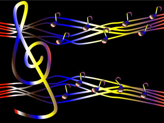 colorful music in the form of treble clef and notes on a black background