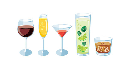 Collection of glasses and drinks - vector illustration