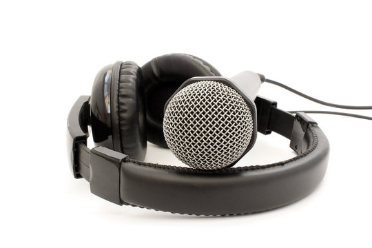 Black leather microphone and headphones