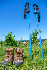 Wine Tourism-Pair of hiking shoes in the grass surrounded vineya