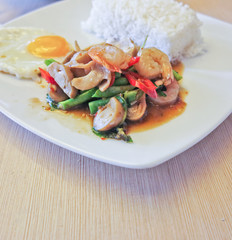 Thai food, shrimp ,with chili pepper and sweet basil