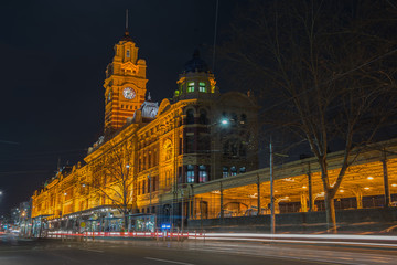 Flinders Street Railway Station at  night time, Melbourne city , Australia.