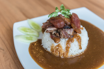 Crispy roasted belly pork chinese style and rice