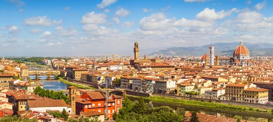 Fotobehang Florence panorama Ponte Vecchio, Palazzo Vecchio, kathedraal Santa Maria Del Fiore van Piazzale Michelangelo (Toscane, Italië) © QQ7