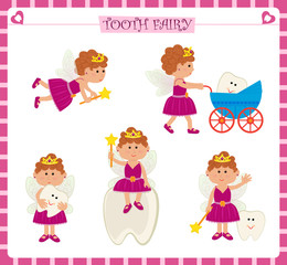 Fototapeta na wymiar Tooth Fairy Set - Cute cartoon set of five tooth fairy and a cute baby tooth. Eps10