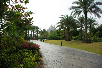 Recreation Park on the shores of the Persian Gulf in Dubai. Lawns, paths, artificial lakes and rivers, trees and shrubs - all created by man on the bare sand.

