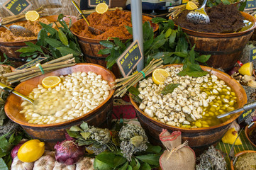 Garlic And Olives On Provencal Street Market In France - Cogolin, France, Europe