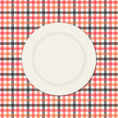White plate on a checkered tablecloth vector illustration