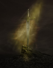 Excalibur Schwert Szene Light - obrazy, fototapety, plakaty