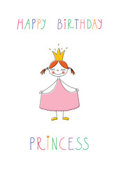 Design of doodle birthday greeting card with cute little princess on white background