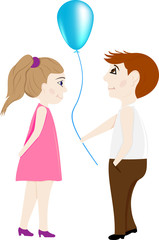 vector lovers a boy and a girl with a balloon, a cute postcard and a hint about your feelings 