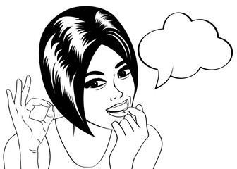 pop art cute retro woman in comics style in black and white