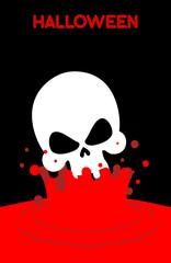 Skull falls into blood. Splashes of red blood. Vector illustrati