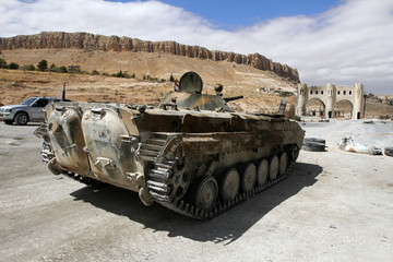 Infantry fighting vehicle of the Syrian National Army near the entry to Ma'loula town, Syria,...
