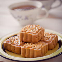 Retro vintage style Chinese mid autumn festival foods. Tradition