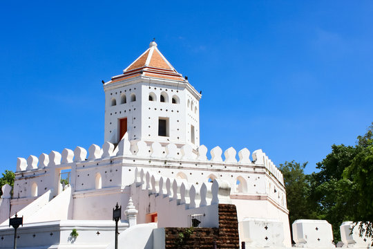 beautiful Phra Sumen white Fort with blue sky in Bangkok, Thailand