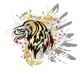 Dog splashes. Obedient tribal irish setter with staring look in grunge style