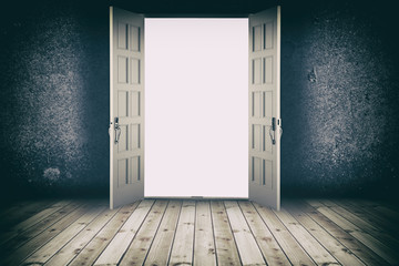 Opened door. Abstract interior backgrounds with wooden floor and