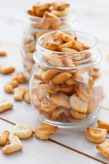 Crackers on wooden board