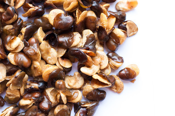 fava bean, roasted and salty on white background
